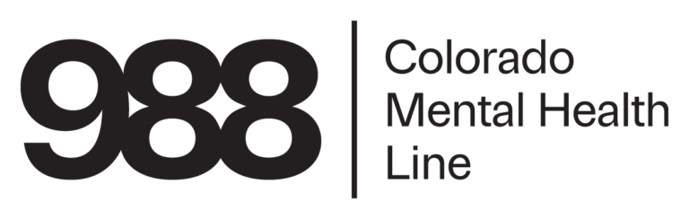 Black and white logo with "988" on the left and "Colorado Mental Health Line" text on the right, indicating a support service.