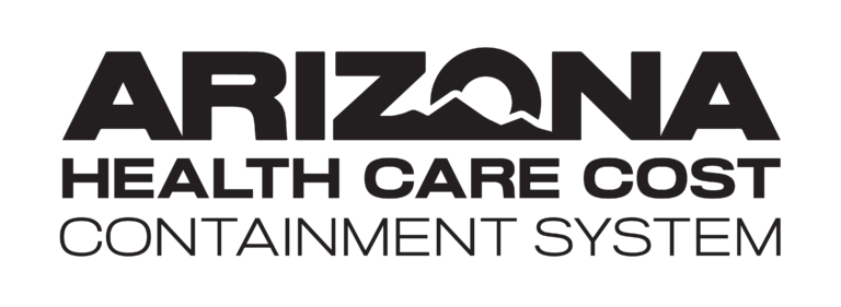 Text logo displaying "Arizona Health Care Cost Containment System" with stylized mountain design. Black font on a transparent background.