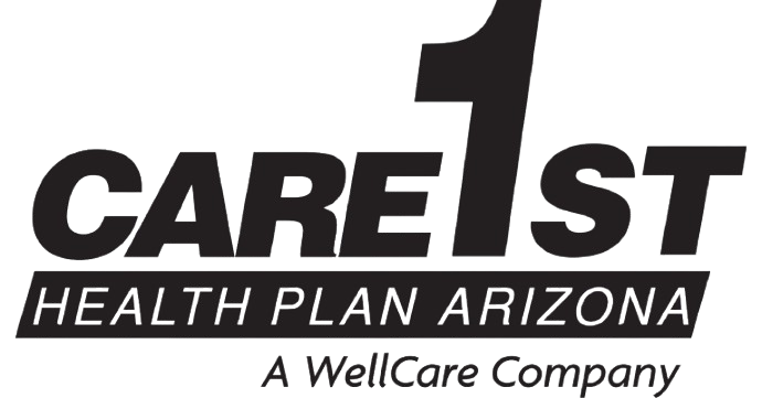 The image shows the logo of Care1st Health Plan Arizona, a WellCare Company, with bold, black lettering on a transparent background.