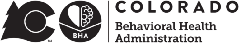 Logo of Colorado Behavioral Health Administration featuring state symbols and "BHA" acronym in black and white design.