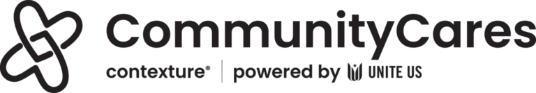 CommunityCares logo features stylish text, heart-shaped icon, and "powered by Unite Us" branding. The design is sleek and modern with a minimalistic style.