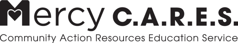 Logo for Mercy C.A.R.E.S., featuring bold letters with a heart inside the "M" and tagline: "Community Action Resources Education Services." Black text on white.