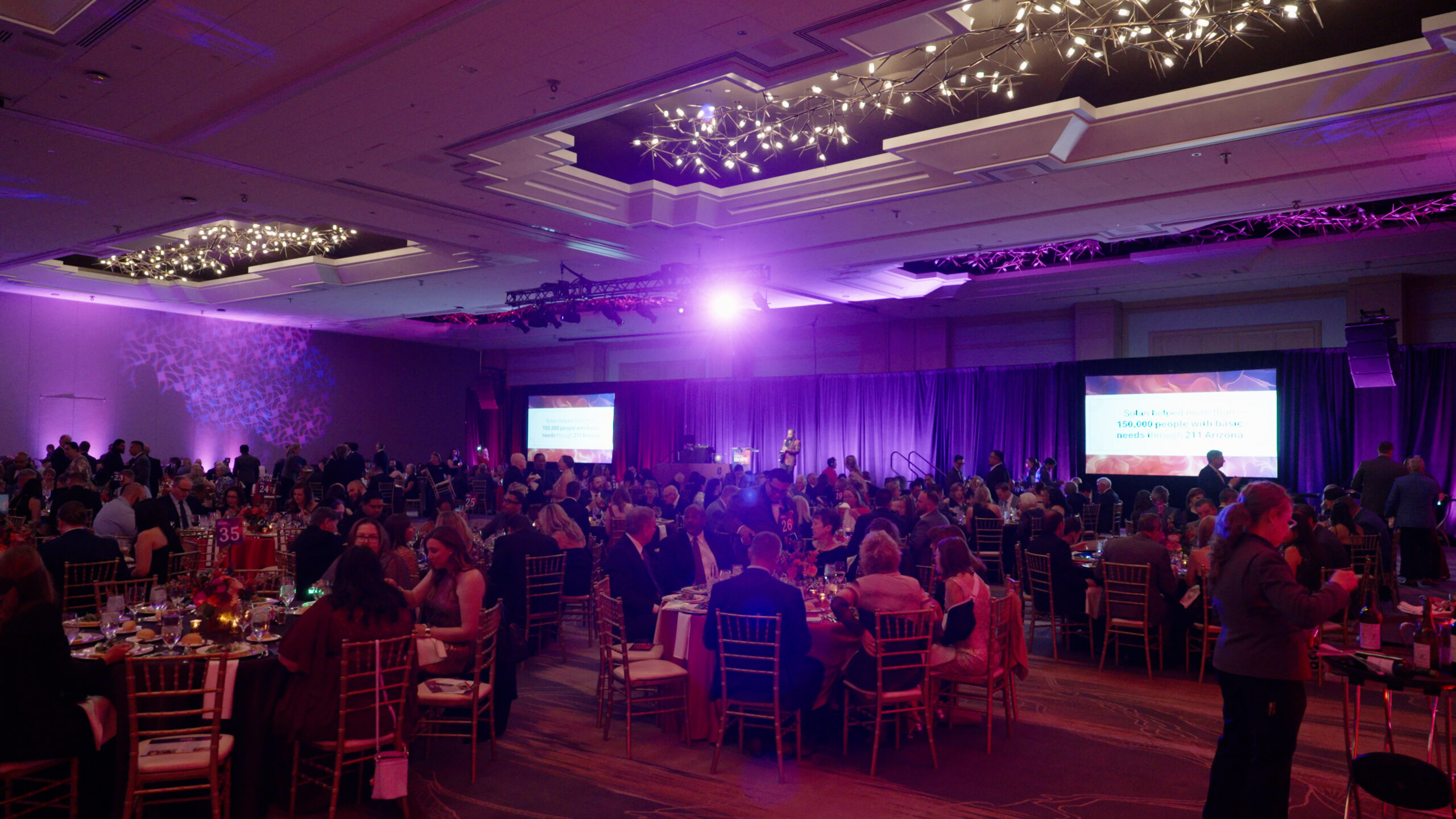 A large event in a hotel ballroom with elegantly dressed people seated at tables, and a person speaking on stage under purple lighting.